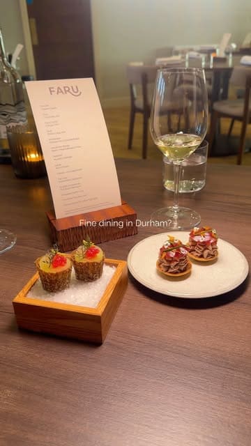 A montage of high-quality, close-up shots featuring a 10-course tasting menu at Faru in Durham. The video highlights the presentation and detail of various dishes, including sea bass and hen of the woods, set to music with minimal text overlays.