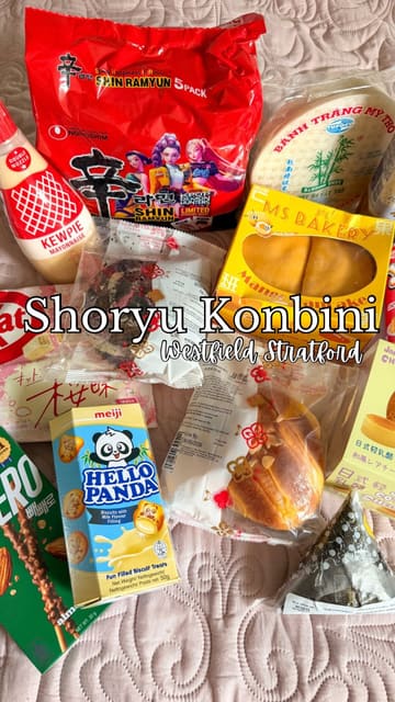 A video tour of the Shoryu Konbini at Westfield Stratford City, showcasing a wide variety of Asian snacks, frozen goods, fresh sushi, and a hot food counter serving halal street food.