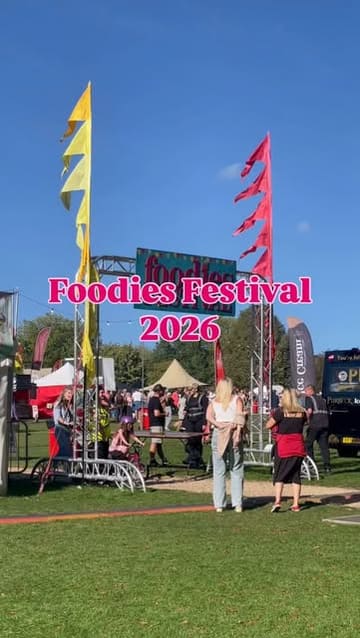 A montage video showcasing the Foodies Festival, featuring various street food stalls, live music performances, and attendees enjoying drinks and the festival atmosphere.