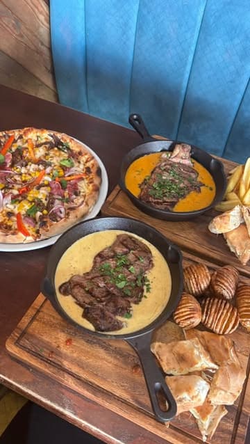 A montage showcasing various dishes including steaks, pizza, nachos, and mocktails at Salt & Crust restaurant.