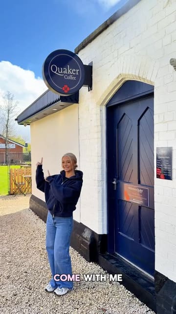 A creator visits Quaker Coffee, an independent cafe located at Padgate Station, highlighting the modern interior, outdoor seating, and a variety of brunch dishes and specialty drinks.