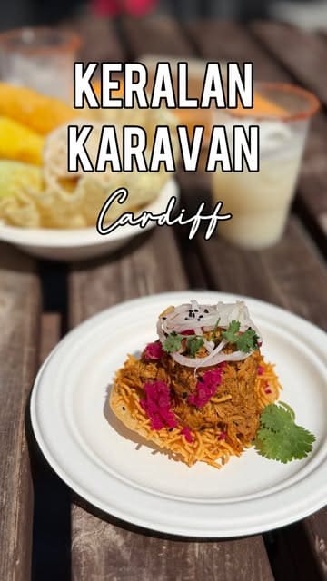 A review-style reel showcasing Keralan Karavan, a street food vendor located at On The River in Cardiff, highlighting their colorful Indian-inspired dishes and the scenic riverside location.