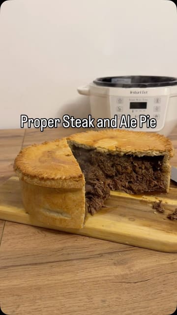 A step-by-step recipe video demonstrating how to make a steak and ale pie using an Instant Pot.