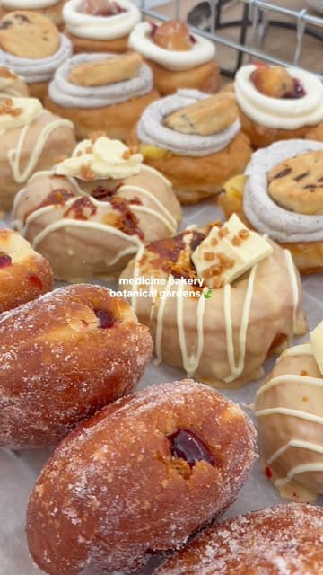 A short montage video showcasing the Medicine Bakery located within the Birmingham Botanical Gardens, highlighting the lush green setting and the variety of pastries and coffee available.