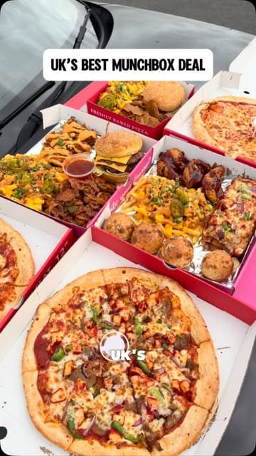 A high-energy review of a takeaway venue called Chickfellas, focusing on their 'munchbox' deals. The creator showcases various boxes containing burgers, loaded fries, pizza, and chicken, highlighting the value for money and variety of the menu.
