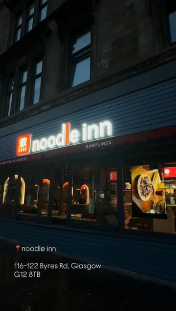 A food review reel showcasing various noodle dishes and a duck burger at Noodle Inn in Glasgow, featuring close-ups of the food and a menu overview.