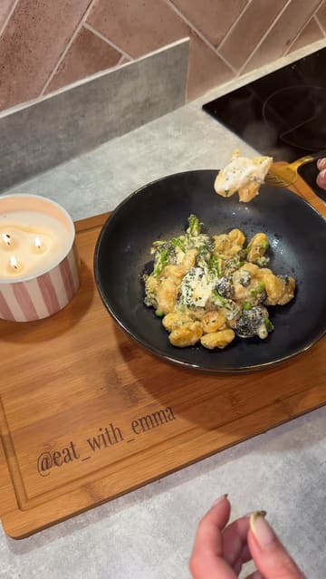 A home cooking tutorial demonstrating how to make a creamy crispy gnocchi dish in one pan.