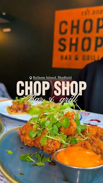 A group of friends visits Chop Shop Bar & Grill in Sheffield, capturing a variety of dishes including halloumi fries, pork tacos, fried chicken, and a large butcher's block platter. The video features close-up shots of the food, the restaurant interior, and the group enjoying their meal, set to upbeat music.