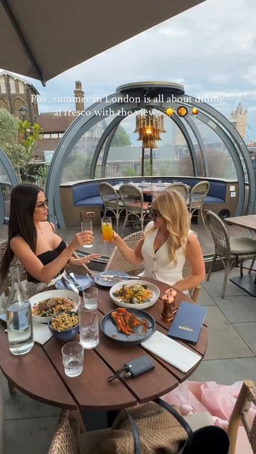 The video showcases a dining experience at Coppa Club Tower Bridge, featuring the venue's signature igloo pods, views of Tower Bridge, and a selection of dishes including pasta, lamb, and cocktails. The content is presented as a polished, aesthetic reel suitable for social media promotion.