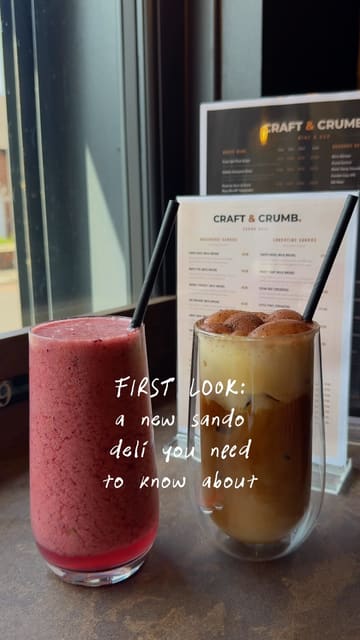 A short promotional video showcasing the opening of 'Craft & Crumb,' a new coffee bar and sando deli. The video features a montage of the exterior, interior, menu board, various sandwiches, cakes, and drinks.