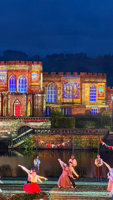 A montage of clips showcasing the Kynren live-action historical performance in Bishop Auckland, featuring horse stunts, birds of prey, Viking-themed scenes, and fireworks.