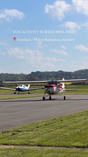 A montage showcasing brunch at Amelia's Bar & Restaurant located at Wolverhampton Airport, featuring shots of a full English breakfast, granola bowl, cherry bakewell, and coffee, interspersed with views of light aircraft on the runway.