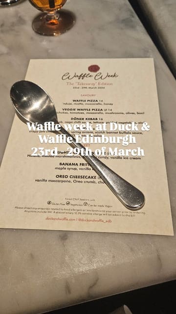 A montage of various savoury and sweet waffle dishes from a 'Waffle Week' menu, including shots of the food, a menu, and a neon sign.