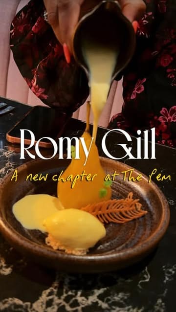 A promotional reel for Romy Gill at The Pem, showcasing the restaurant's new 'Neemat' menu. The video features close-up shots of plated dishes, cocktails, and the restaurant's interior, emphasizing the 'social fine dining' concept.