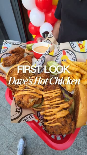 A fast-paced promotional video showcasing the opening of Dave's Hot Chicken in Liverpool. The video features close-up shots of the food, including chicken sliders, tenders, fries, and milkshakes, alongside footage of the queue, the interior, and customers enjoying the experience.