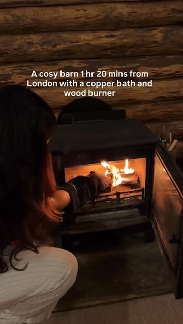 A montage showcasing the interior and exterior of Bloomsbury Cottage, highlighting the cozy wood burner, copper bath, and garden setting.