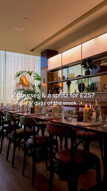 A promotional video for a restaurant offering a set menu deal of two courses and a spritz for £25. The video showcases various main course options including steak, chicken, mussels, and cauliflower, all served with fries.