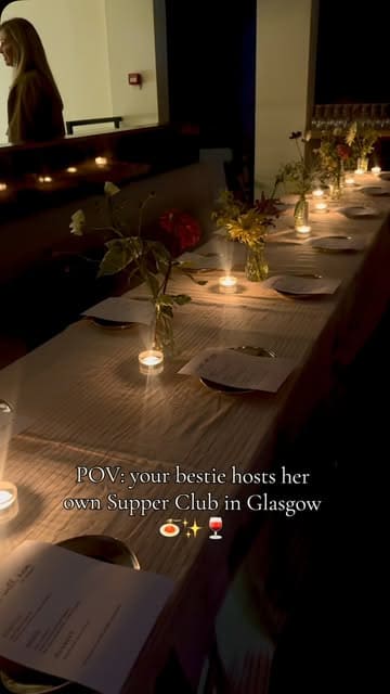 A montage video showcasing a supper club event in Glasgow, featuring shots of the table setting, guests enjoying their meal, and the food being served.