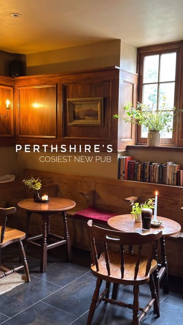 A short, aesthetic montage showcasing the interior and food offerings of The Birnam Inn, highlighting its cozy atmosphere, fireplace, and pub-style menu.