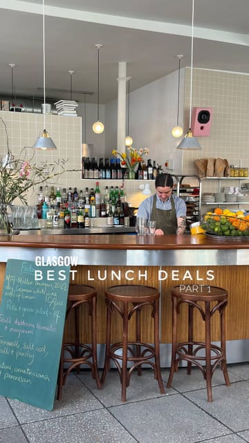 A short, visually focused reel showcasing a lunch deal at Gloriosa in Glasgow, featuring pasta dishes, salad, focaccia, and wine.