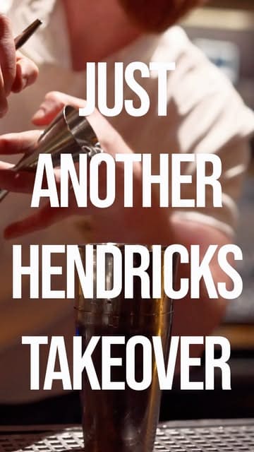 A promotional graphic for a Hendrick's gin brand takeover event, featuring a close-up shot of a bartender preparing a cocktail in a shaker.
