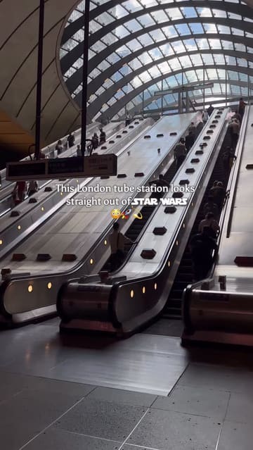 A short video tour highlighting the brutalist and futuristic architecture of Westminster and Canary Wharf tube stations, drawing comparisons to Star Wars film sets.