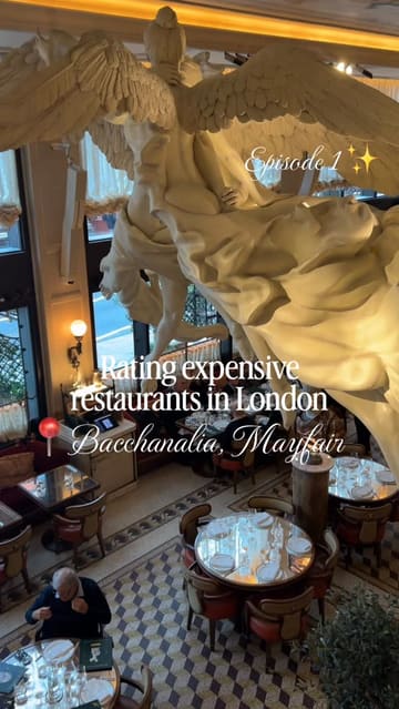 A short, visually-driven review of Bacchanalia in Mayfair, London. The video showcases the restaurant's extravagant, museum-like interior, featuring large statues and ornate decor. It highlights the set menu, various dishes including salmon and cauliflower, and cocktails, while providing a brief, honest critique of the food quality versus the ambiance.