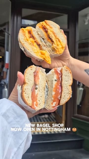 A promotional reel for a new bagel shop in Nottingham, featuring a tour of the interior, staff interactions, and close-ups of various bagel options and coffee.