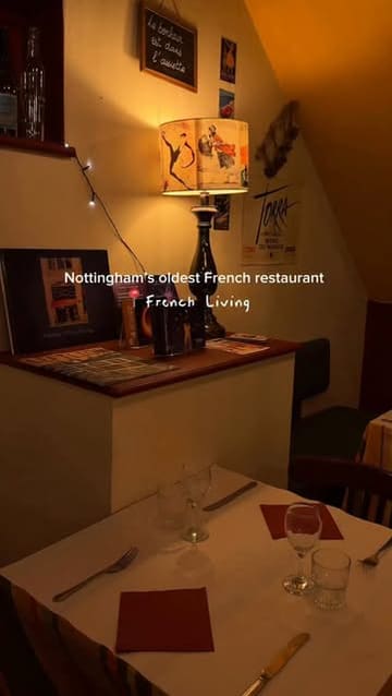 A montage showcasing the interior, menu, and dishes of French Living, a long-standing French restaurant in Nottingham.