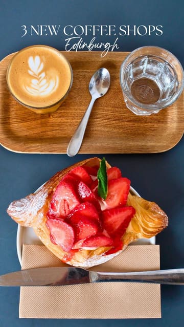 A short, aesthetic listicle video highlighting three new coffee shops in Edinburgh: Bono, Onto, and Bedrock. The video features high-quality, stable shots of the coffee, pastries, and interior/exterior of each venue, accompanied by text overlays providing the names and brief descriptions of the vibe.