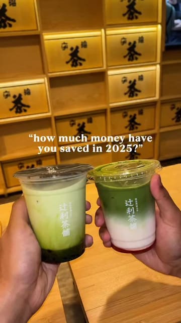 A fast-paced montage video showcasing various matcha-based drinks and treats from different cafes, set to music with a text overlay about spending habits.