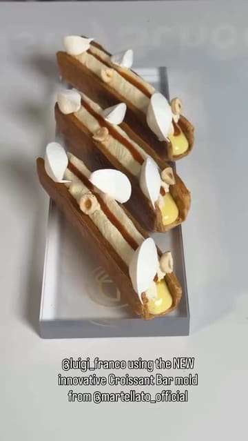 A professional pastry chef demonstrates the creation of a modern 'croissant bar' pastry, from mixing the dough to the final assembly and decoration, using a specific mold.