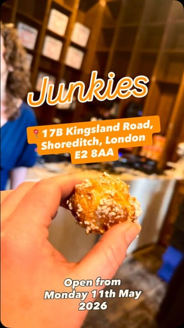 A montage video capturing the soft opening of 'Junkies,' a new pastry shop in Shoreditch, London. The video features shots of the shop exterior, staff preparing choux pastries, customers enjoying the food, and close-ups of the product.