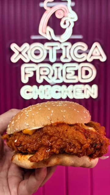 A creator reviews various menu items at Xotica Fried Chicken, including a spicy dipped chicken burger, fried chicken pieces, a peri peri chicken wrap, and a double beef burger. The video features the creator tasting the food, commenting on the quality and heat levels, and showing the interior of the shop.