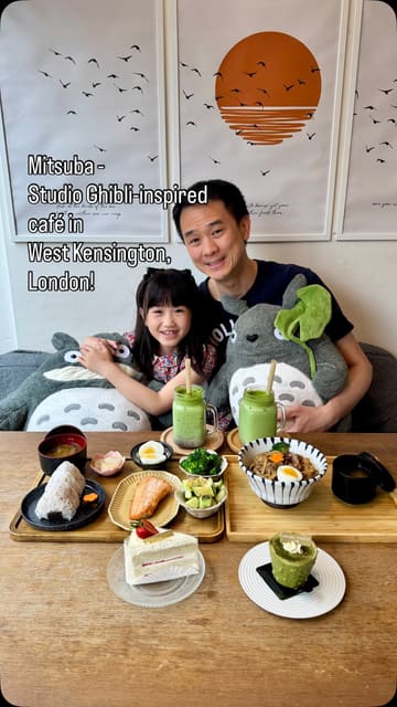 A family-focused vlog showcasing a Japanese cafe in West Kensington, highlighting its Studio Ghibli-inspired decor, tatami seating, and a variety of Japanese dishes and matcha-based drinks.