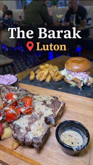 A montage video showcasing the interior, cocktails, and various dishes at The Barak, a new restaurant in Luton. The video features close-ups of food preparation and presentation, including beef marrow, chicken wings, steak, and a burger.
