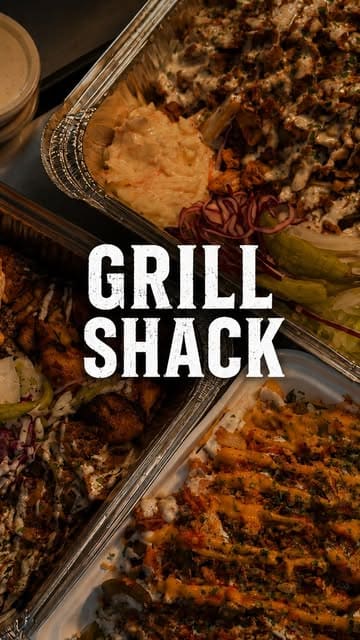 A fast-paced food review reel showcasing various items from Grill Shack, including a smash burger, doner box, loaded fries, and a milkshake.