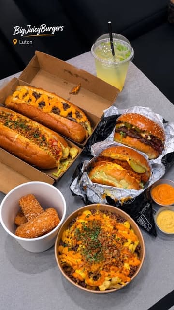A fast-paced food review video showcasing a variety of indulgent fast food items including burgers, hot dogs, loaded fries, and milkshakes from Big Juicy Burgers in Luton.