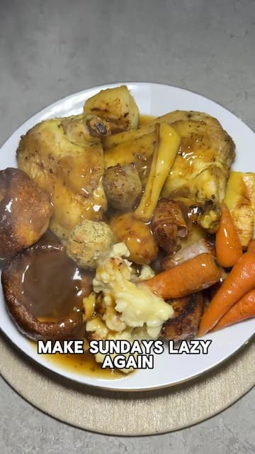 A short, relatable reel showcasing a Sunday roast delivery service from Roasted Liverpool, demonstrating the ease of heating and serving the meal at home.