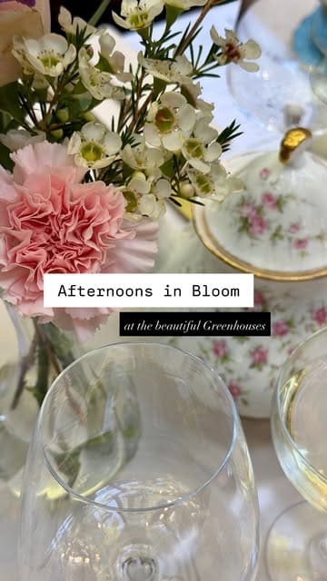 A visually stunning montage showcasing an afternoon tea experience held in a greenhouse setting, featuring close-ups of the food, table settings, and the floral decor.