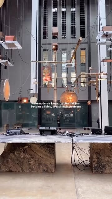 A video showcasing the 'Hold' art installation by Tarek Atoui at the Tate Modern's Turbine Hall, featuring custom-built instruments and an immersive soundscape.