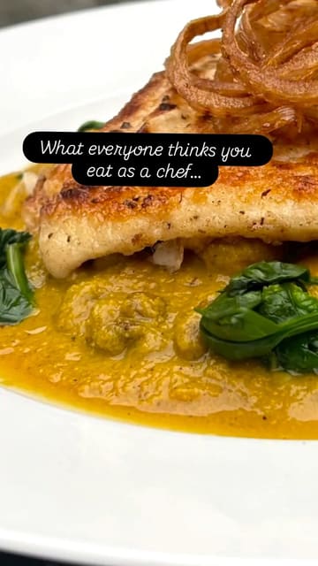 A short video contrasting the high-end, artistic plating of professional chef dishes with the reality of a quick, instant soup meal.