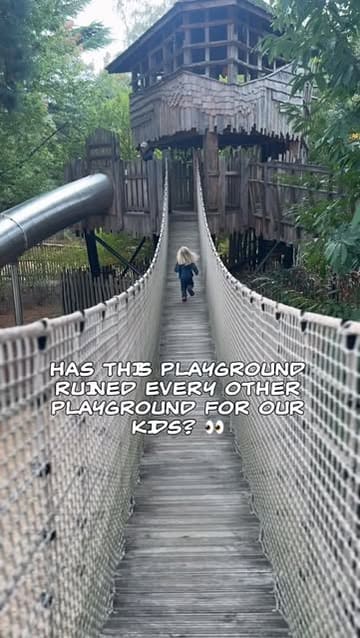 A promotional video showcasing the Adventure Play area at Windsor Great Park. The video features a child exploring various wooden structures, treehouses, slides, and rope bridges, providing a comprehensive tour of the facility's design and play opportunities.