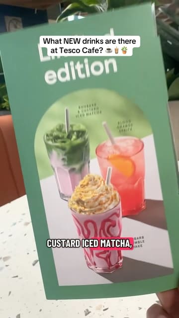 The creator visits a Tesco Cafe to review their new seasonal drink menu, showing the menu board and sampling a coffee.