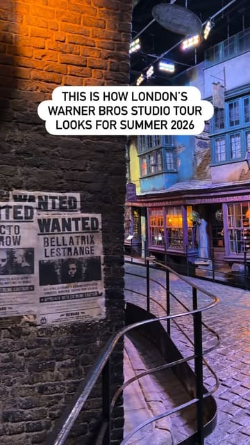 A montage of various sets and props from the Warner Bros Studio Tour London, highlighting the 25th-anniversary celebration of Harry Potter and the Philosopher's Stone.