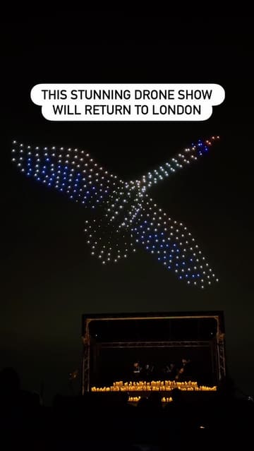 A promotional video showcasing a drone light show event at Kempton Park Racecourse, featuring various light formations in the night sky accompanied by live music.
