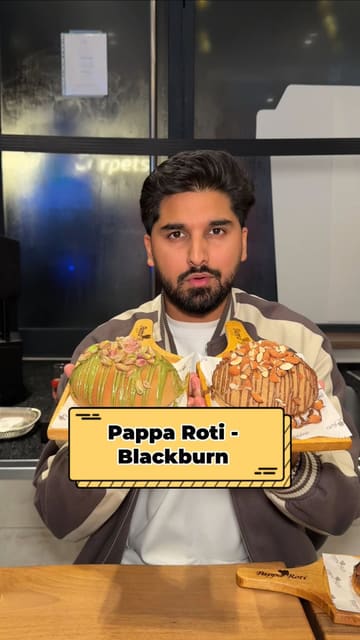 A promotional review of Pappa Roti in Blackburn, showcasing the preparation of their signature coffee buns, the variety of toppings and fillings, and the cafe's interior.