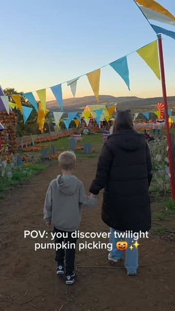A montage video showcasing a family's visit to Clearwell Farm for a twilight pumpkin picking session, highlighting the pumpkin village, sunset views, and various activities like axe throwing and playing on hay bales.
