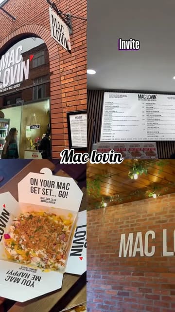 A short, punchy review of a mac and cheese venue, featuring close-ups of the food and the restaurant's branding.