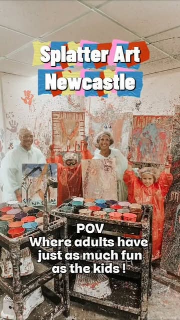 A family-oriented reel showcasing a splatter art studio in Newcastle, highlighting the protective gear provided and the creative, messy process of making art.